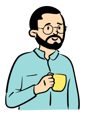 Cartoon depiction of a man with glasses and a beard holding a coffee cup