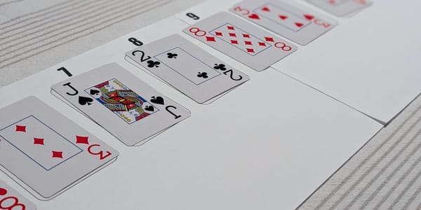 Several playing cards laying on a basic game mat printed on paper